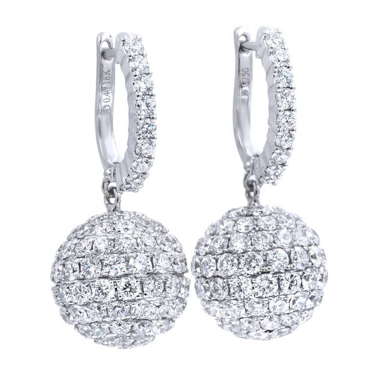 Pave Diamond Drop Ball Disco Earrings 6.31 Carat in 18 Karat White Gold