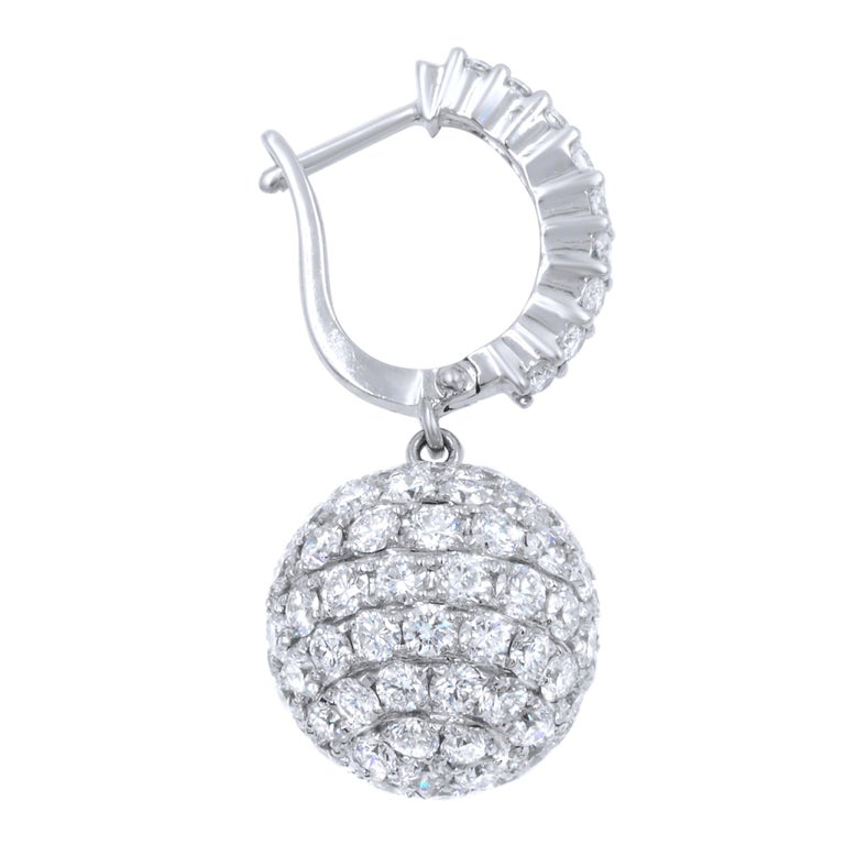 Pave Diamond Drop Ball Disco Earrings 6.31 Carat in 18 Karat White Gold