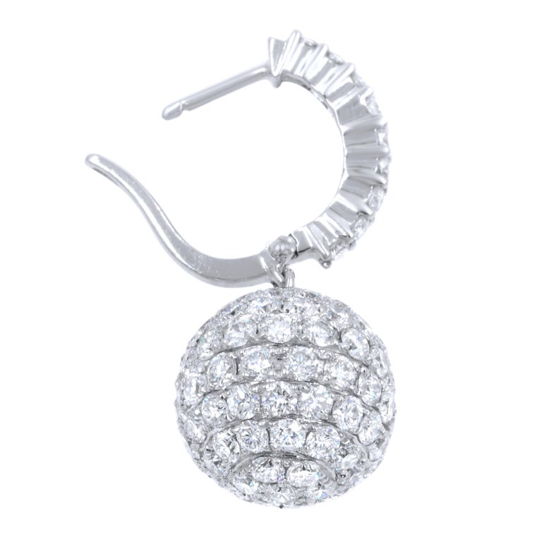 Pave Diamond Drop Ball Disco Earrings 6.31 Carat in 18 Karat White Gold