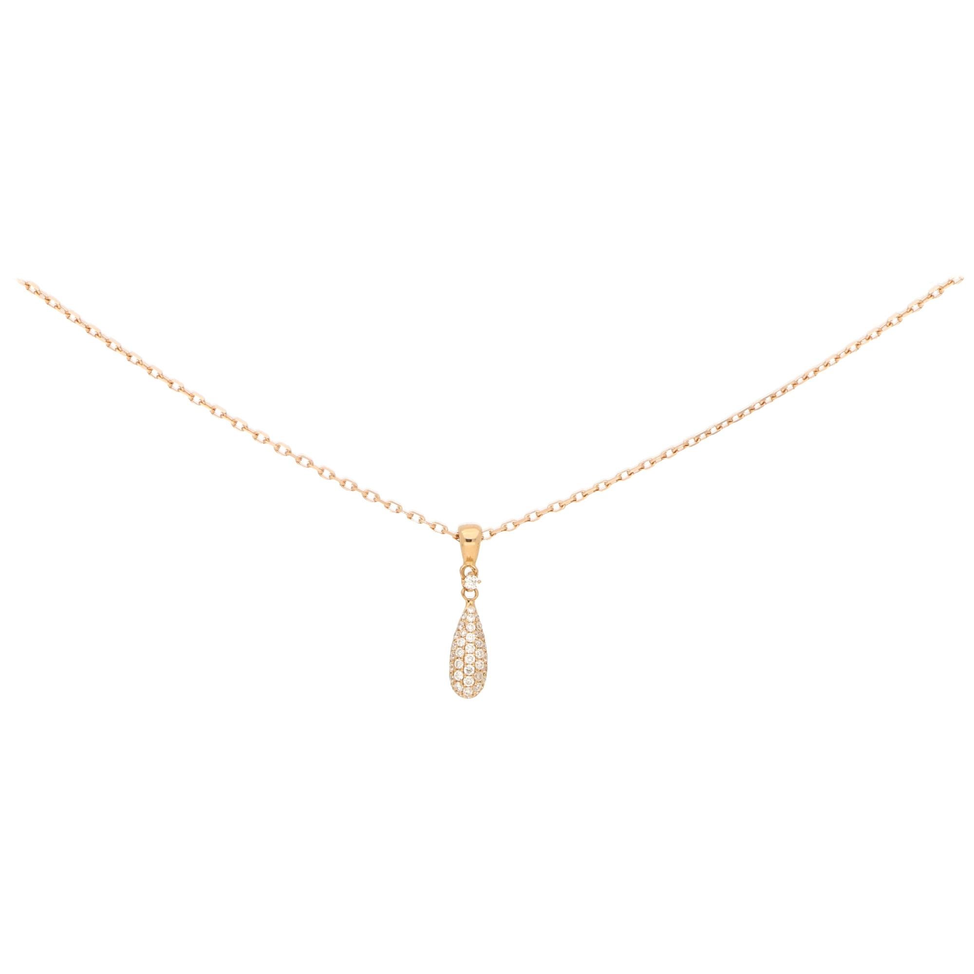 Pave Diamond Drop Shape Pendant Necklace in 18 Carat Rose Gold 0.40 Carat For Sale