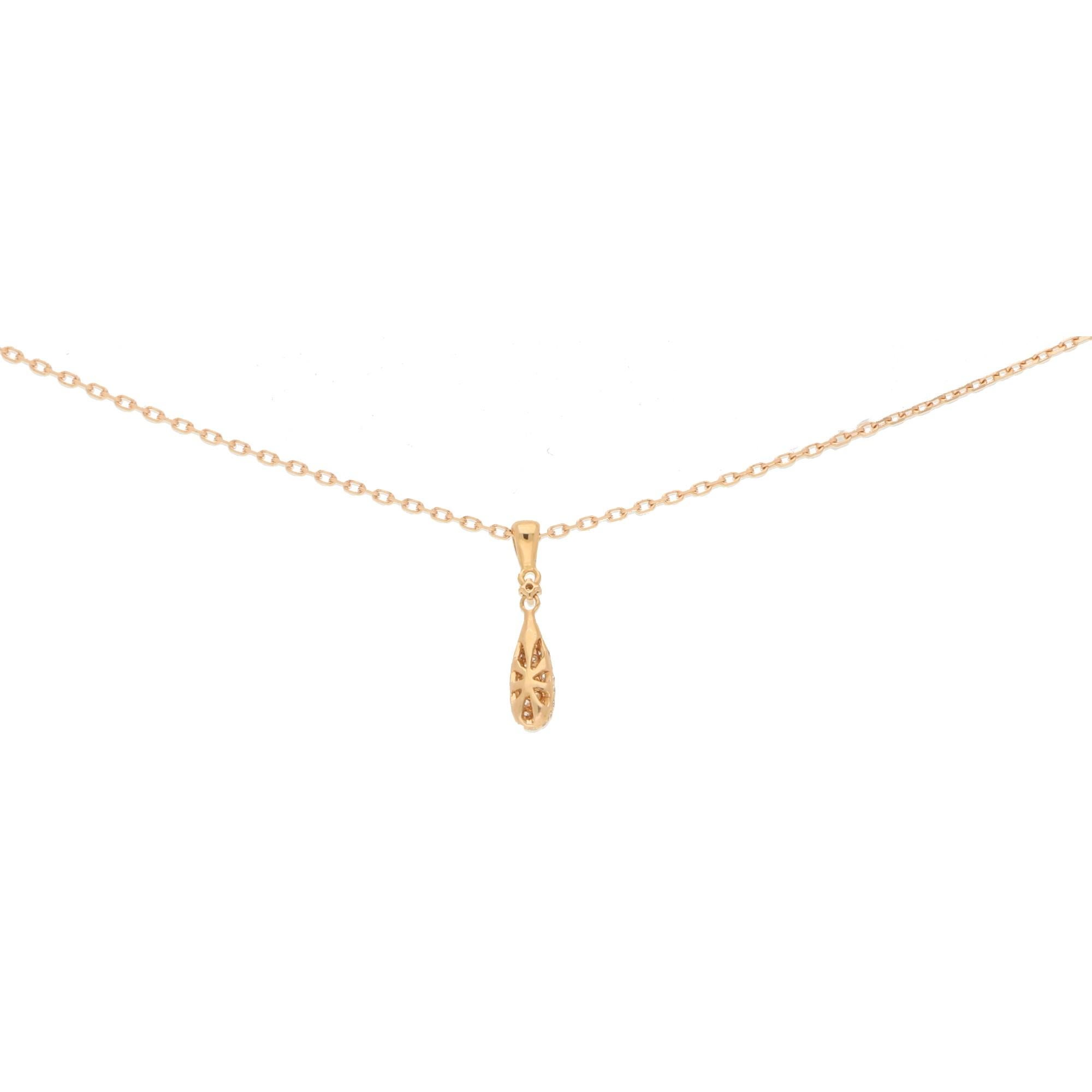 Round Cut Pave Diamond Drop Shape Pendant Necklace in 18 Carat Rose Gold 0.40 Carat For Sale