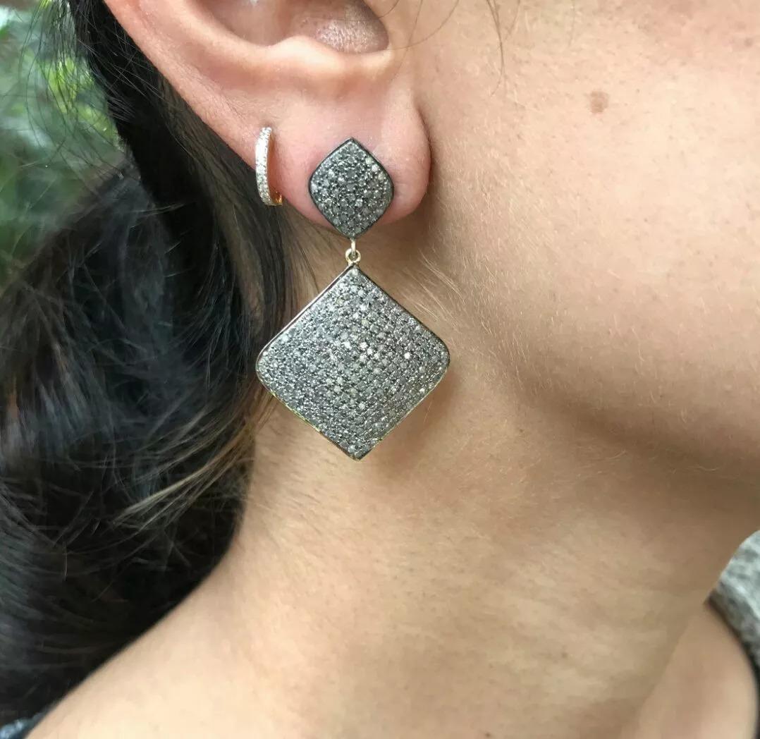 Pave Diamond Earring in 14k Gold & 925 Silver Modern In New Condition For Sale In Chicago, IL