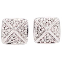 Pave Diamond Earring Studs with 3-D Square Pyramid Design in 14 Karat White Gold