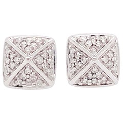 Pave Diamond Earring Studs with 3-D Square Pyramid Design in 14 Karat White Gold