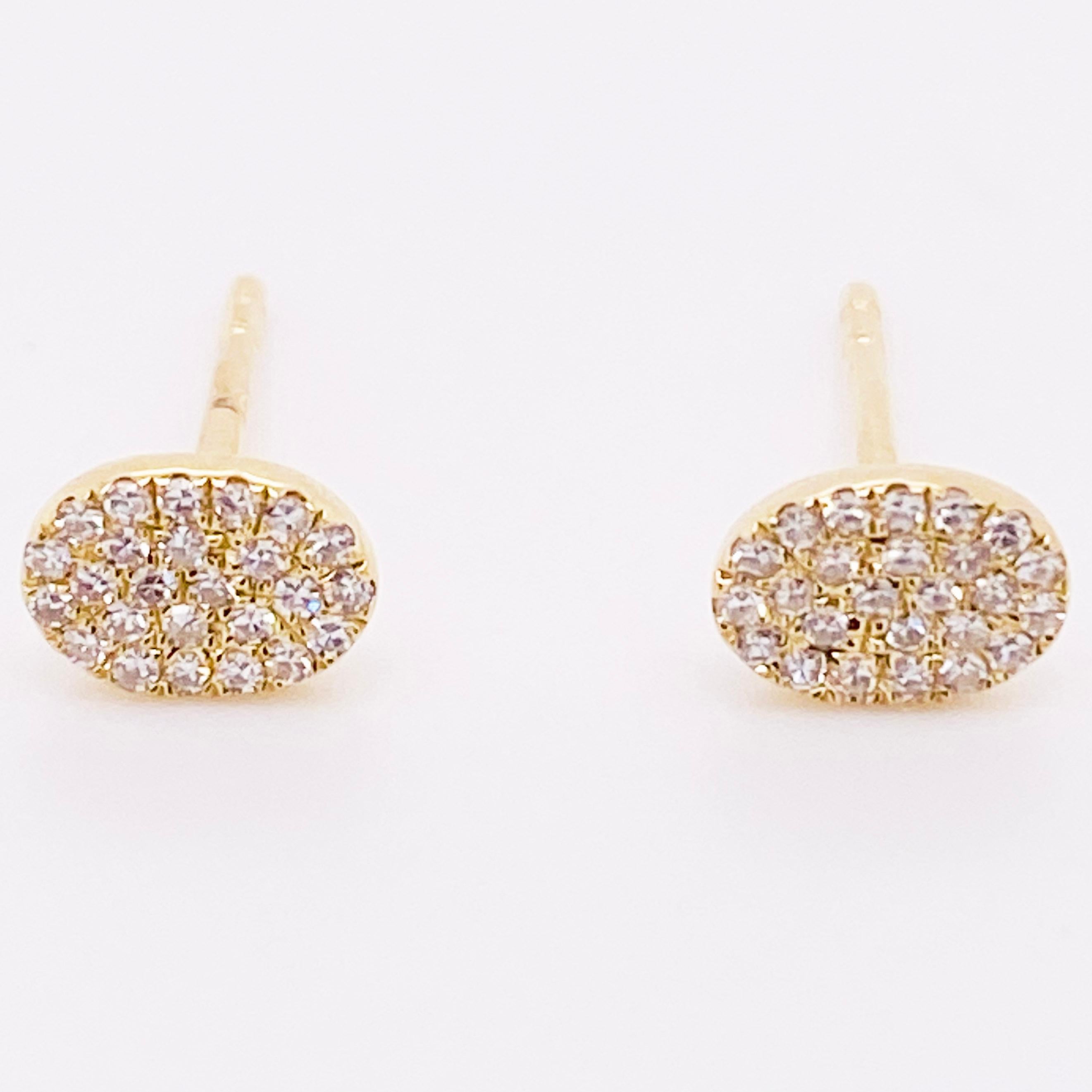 Modern Pave Diamond Earrings, Yellow Gold Oval Pave Studs, Diamond Studs For Sale