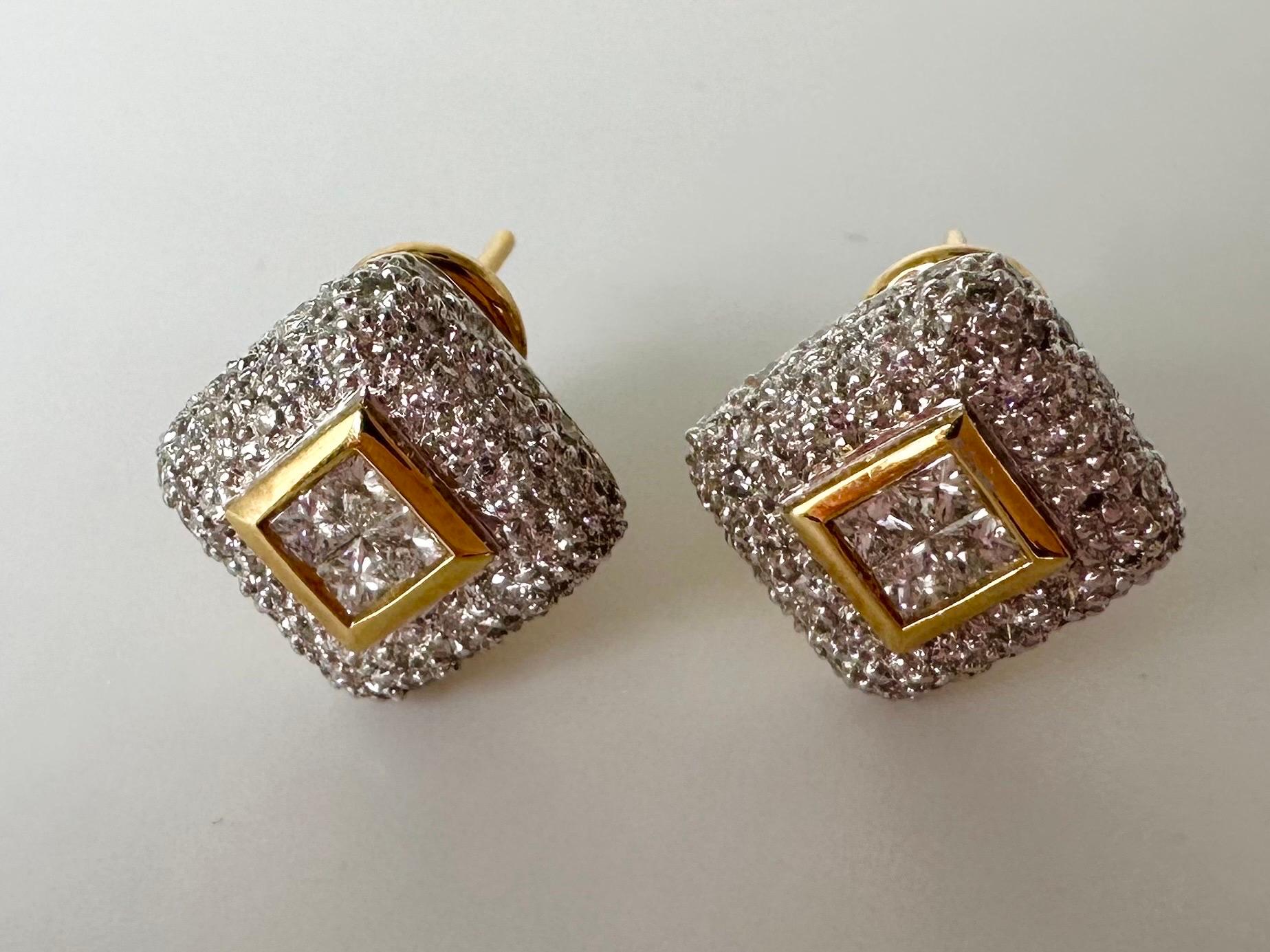 Pave diamond earrings 18KT white gold large omega diamond earrings For Sale 2