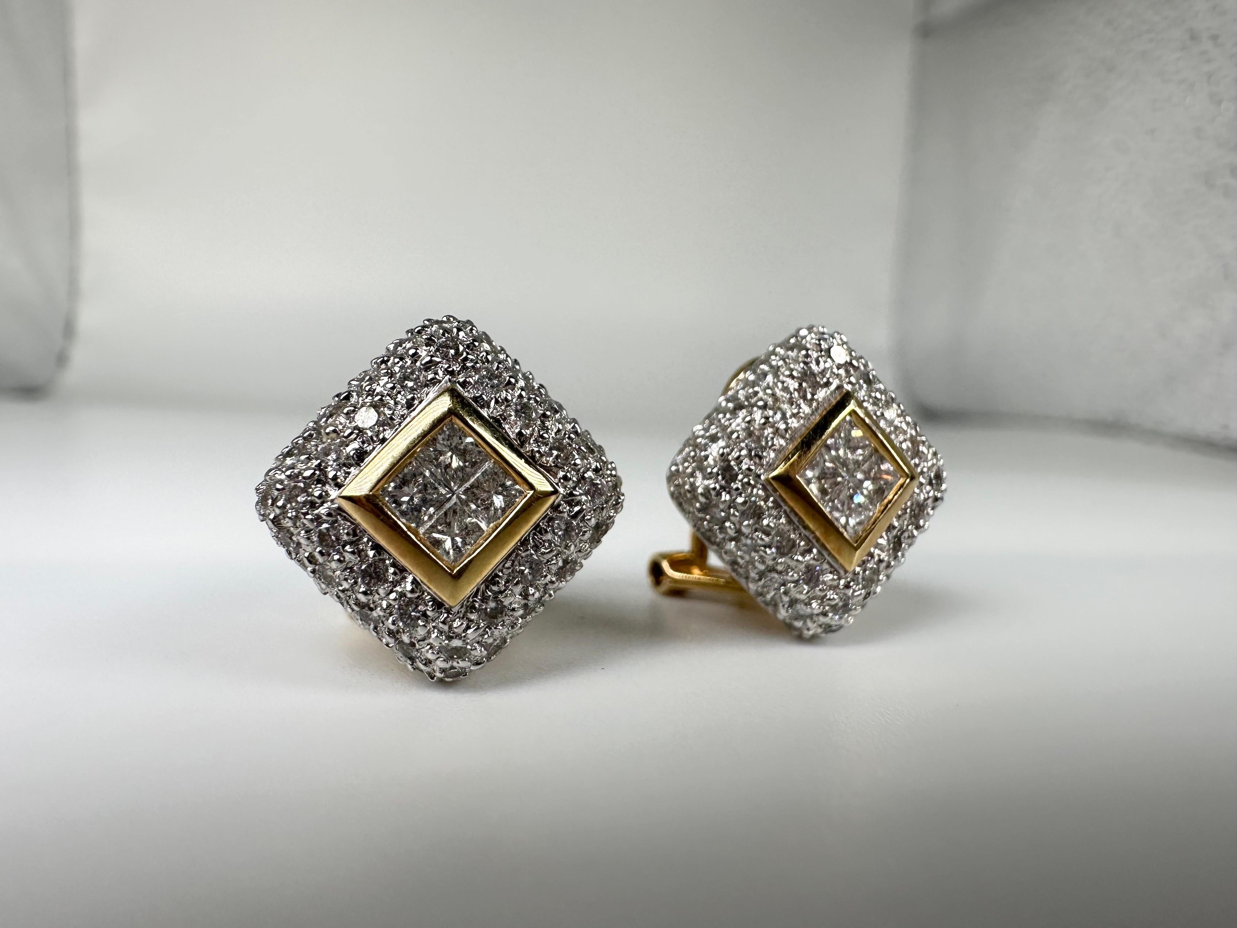 Pave diamond earrings 18KT white gold large omega diamond earrings For Sale 3