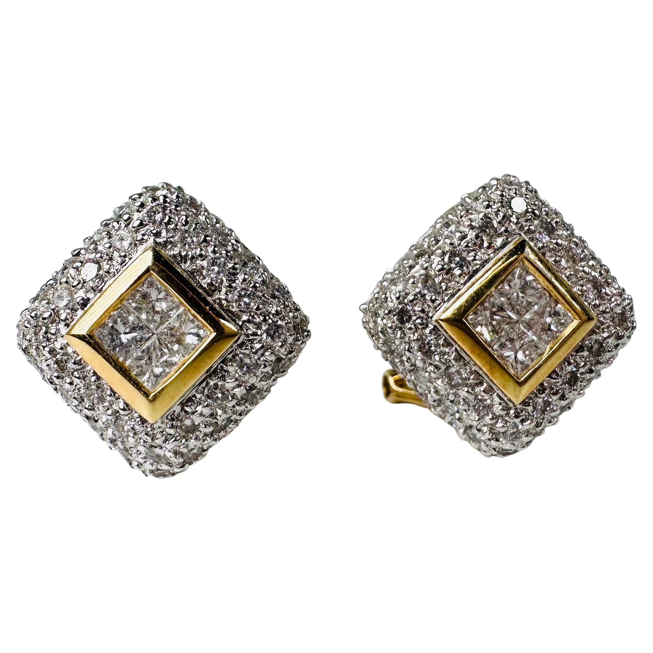 Pave diamond earrings 18KT white gold large omega diamond earrings For Sale
