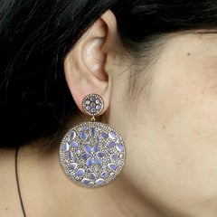 Pave Diamond Earrings Equipped with Moonstones Made in 14k Yellow Gold
