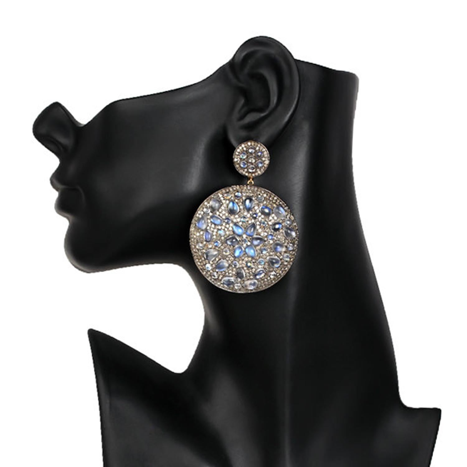Contemporary Pave Diamond Earrings Equipped with Moonstones Made in 14k Yellow Gold For Sale