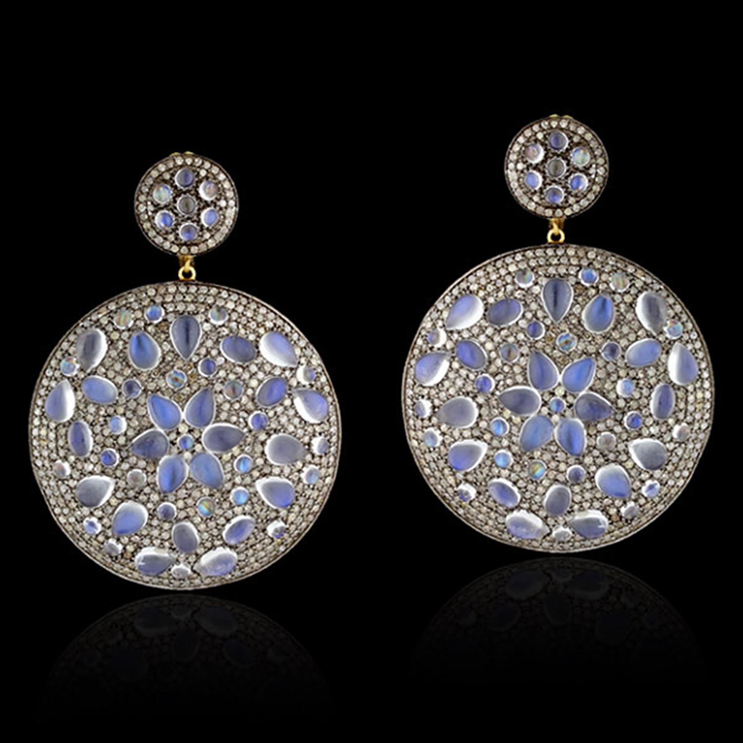 Mixed Cut Pave Diamond Earrings Equipped with Moonstones Made in 14k Yellow Gold For Sale