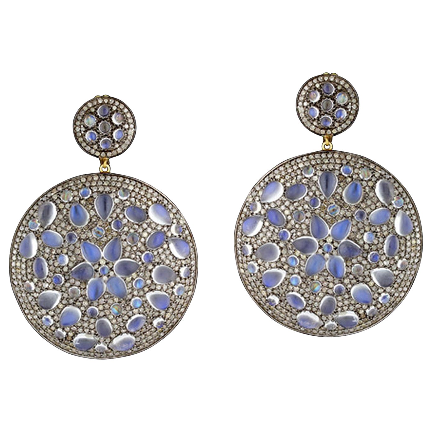 Boucles d'oreilles en or jaune 14k avec diamants pavés et pierres de lune