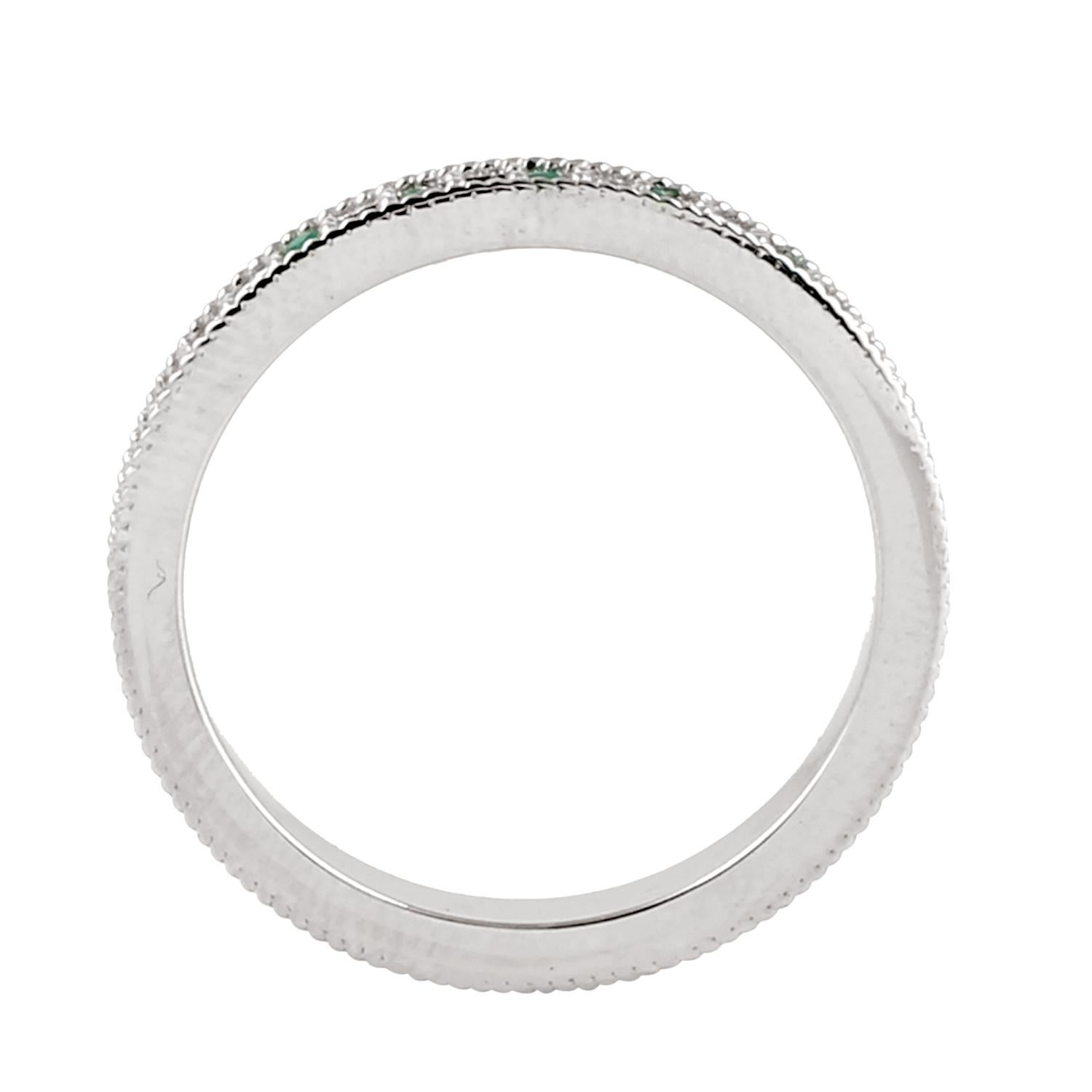 Contemporary Pave Diamond & Emerald Channel Set Band Ring Made In 14K White Gold For Sale