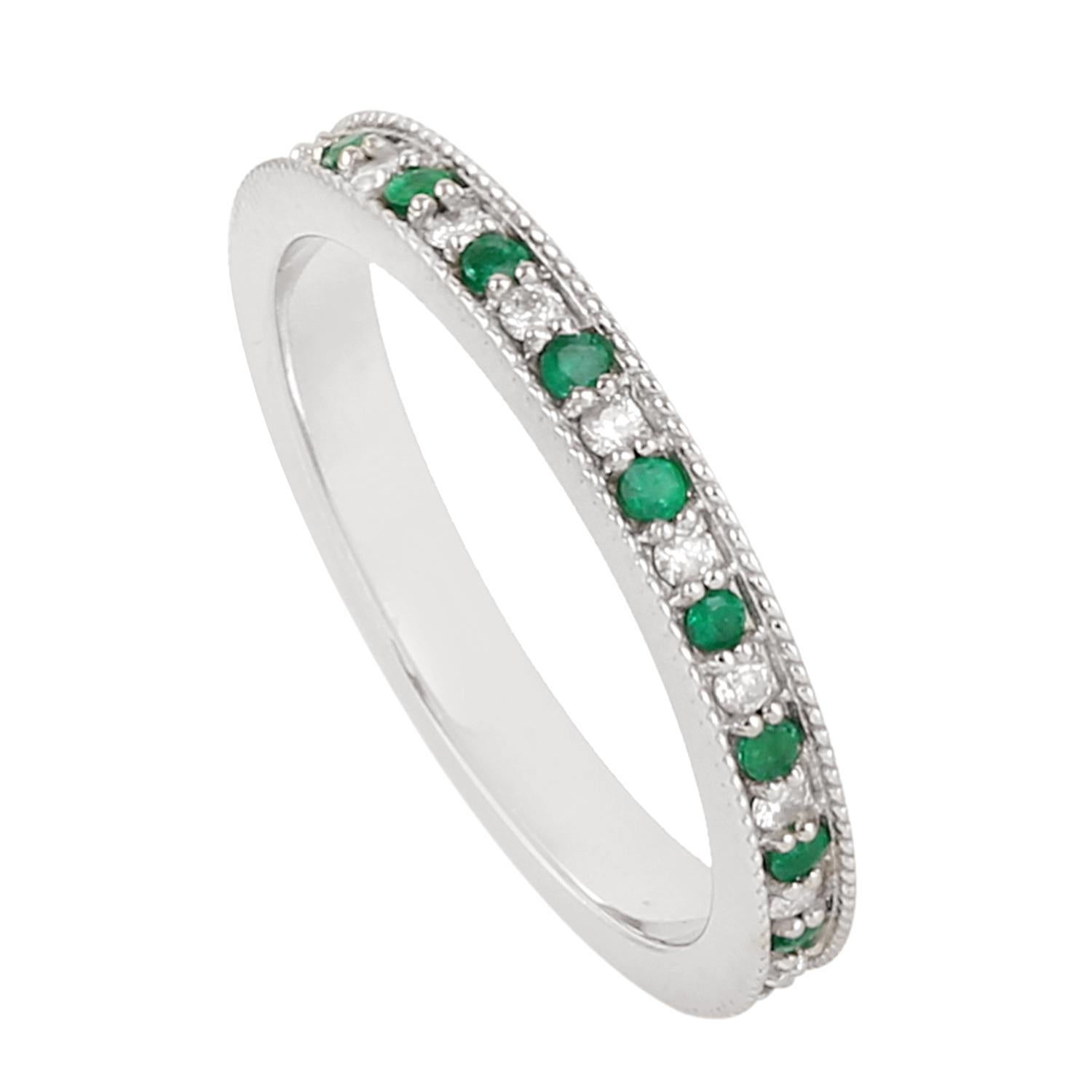 Mixed Cut Pave Diamond & Emerald Channel Set Band Ring Made In 14K White Gold For Sale