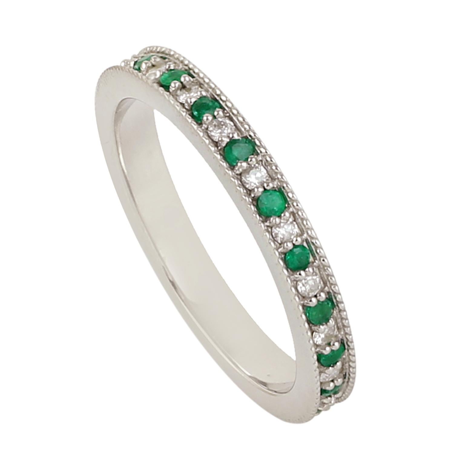 Women's Pave Diamond & Emerald Channel Set Band Ring Made In 14K White Gold For Sale