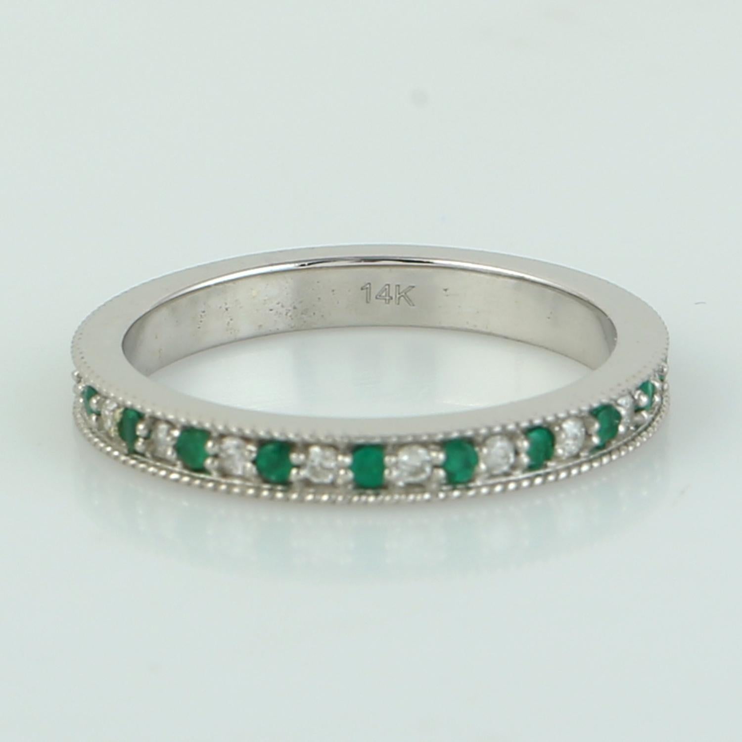 Mixed Cut Pave Diamond & Emerald Channel Set Band Ring Made In 14K White Gold For Sale