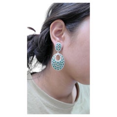 Pave Diamond Emerald Drop Earrings in 14k Gold & Sterling Silver, 2ct