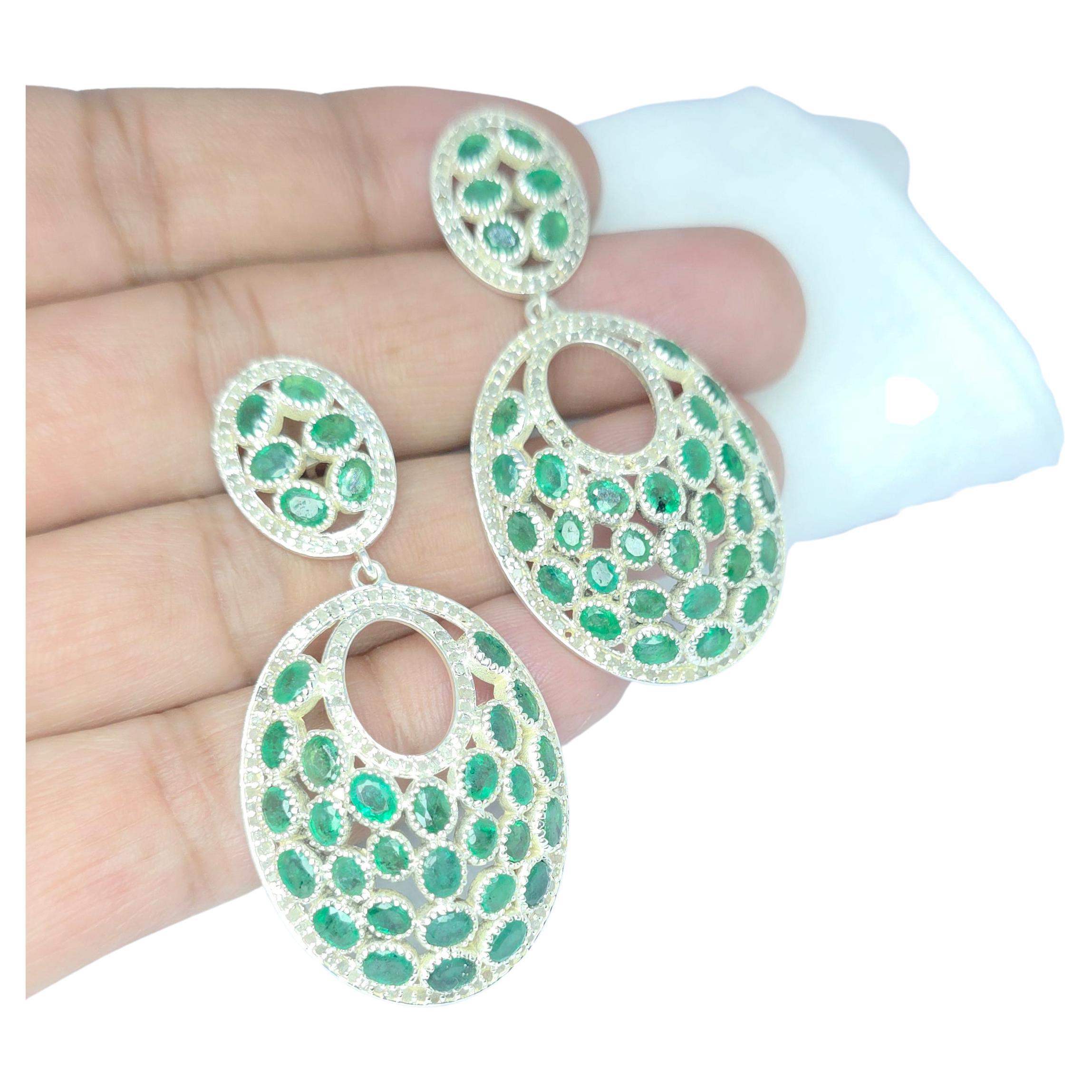 Pave Diamond Emerald Earring oval shape 14k gold and  925 gSterling Silver F