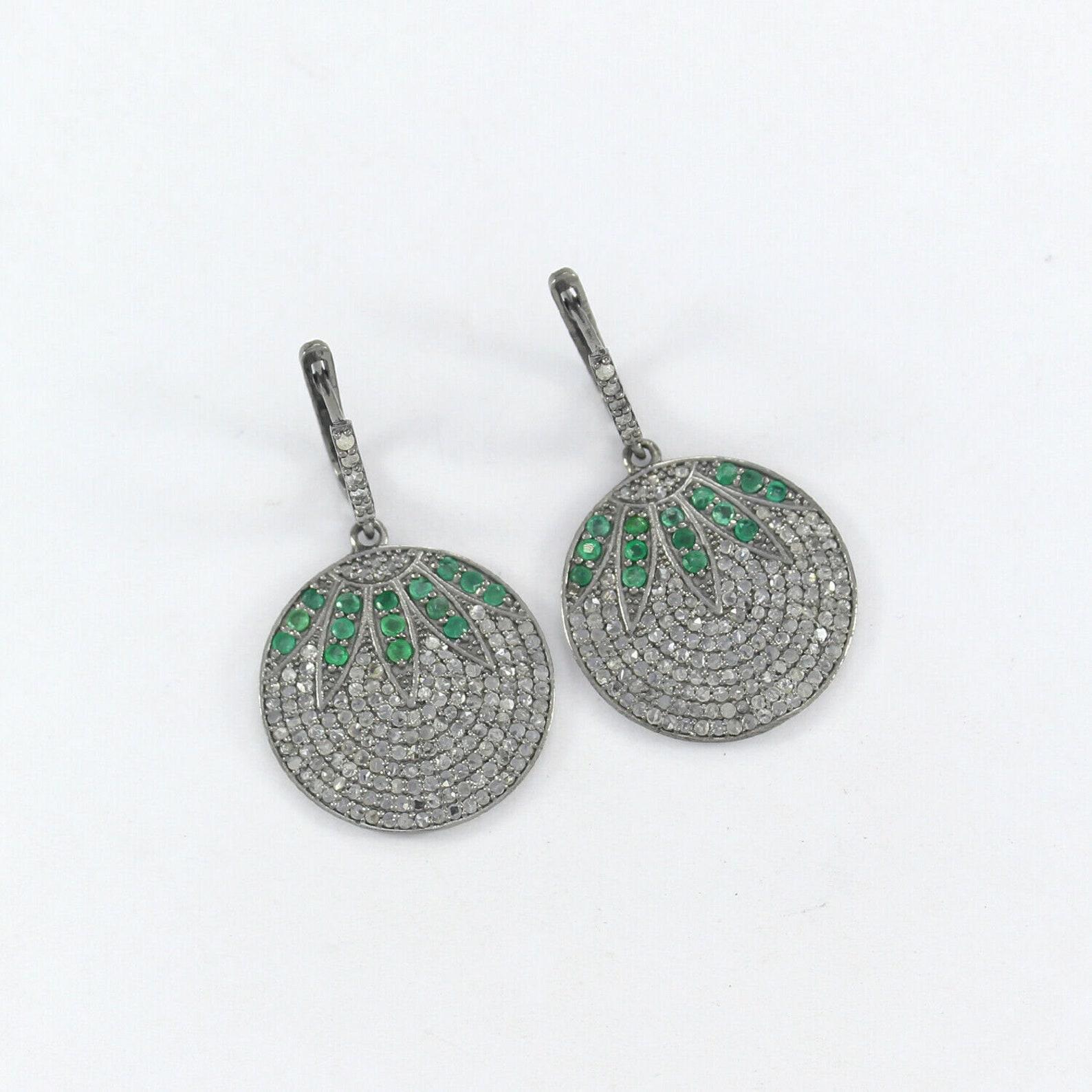 Art Deco Pave Diamond Emerald Earring Round Disc Earring 925 Sterling Silver Fine Jewelry For Sale