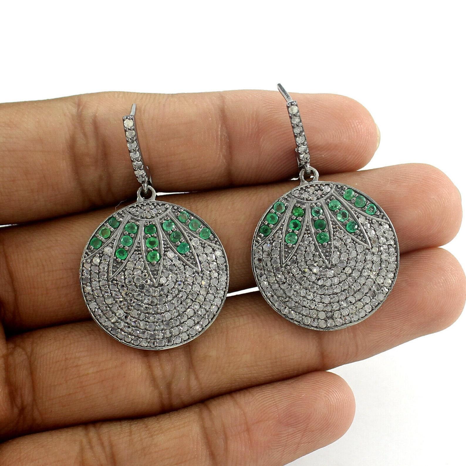 Round Cut Pave Diamond Emerald Earring Round Disc Earring 925 Sterling Silver Fine Jewelry For Sale