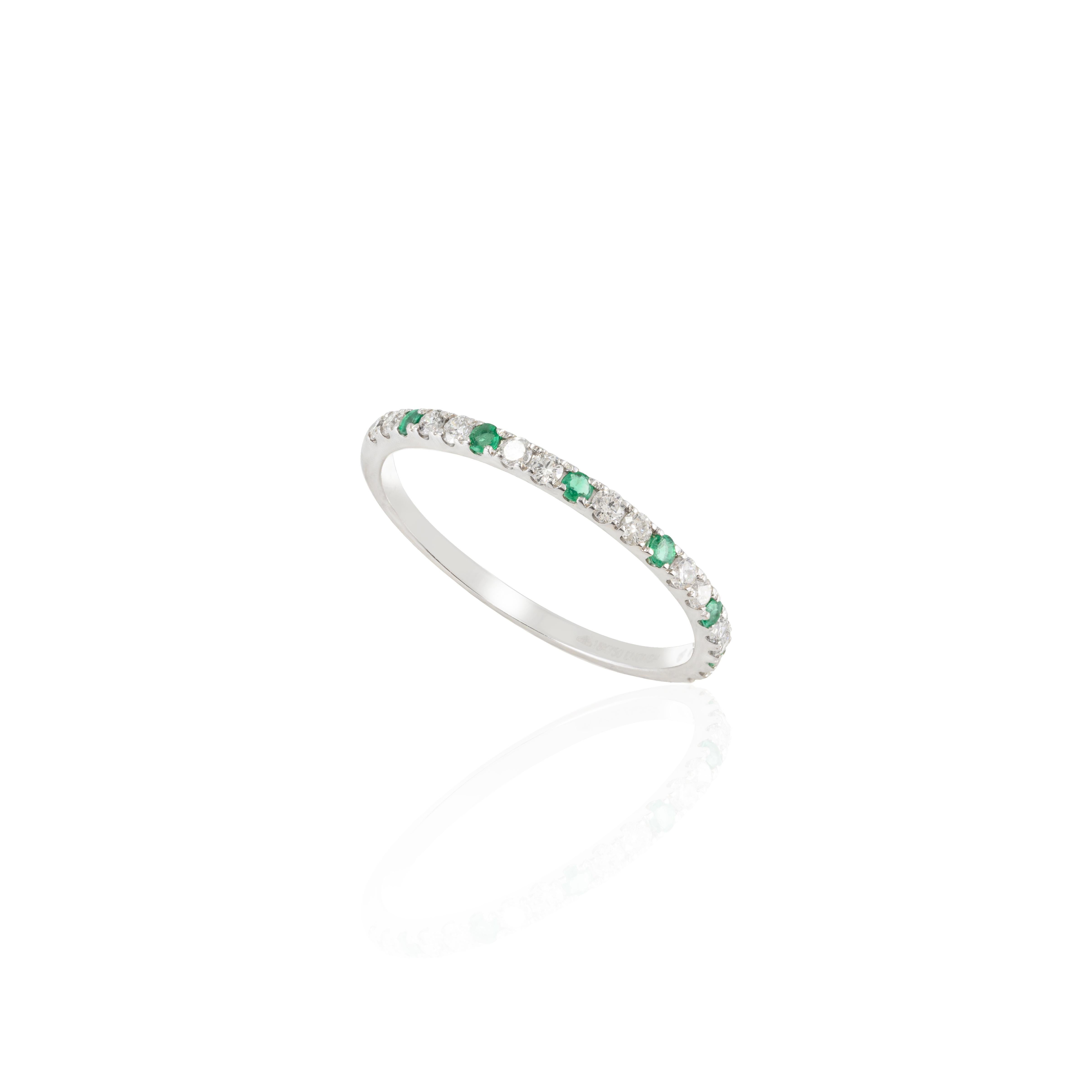 For Sale:  Dainty Diamond and Emerald Half Eternity Stacking Band Ring 18k Solid White Gold 2
