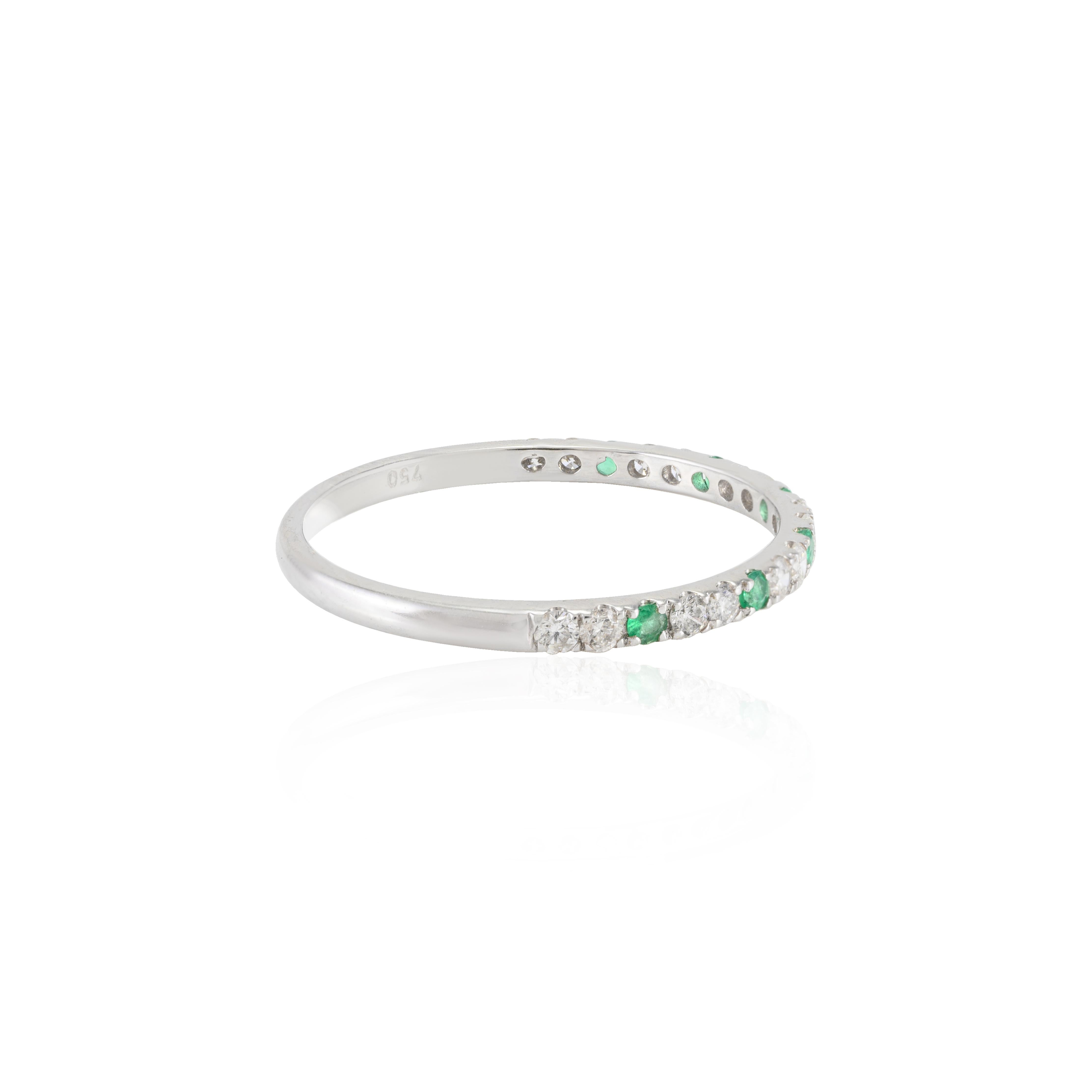 For Sale:  Dainty Diamond and Emerald Half Eternity Stacking Band Ring 18k Solid White Gold 4
