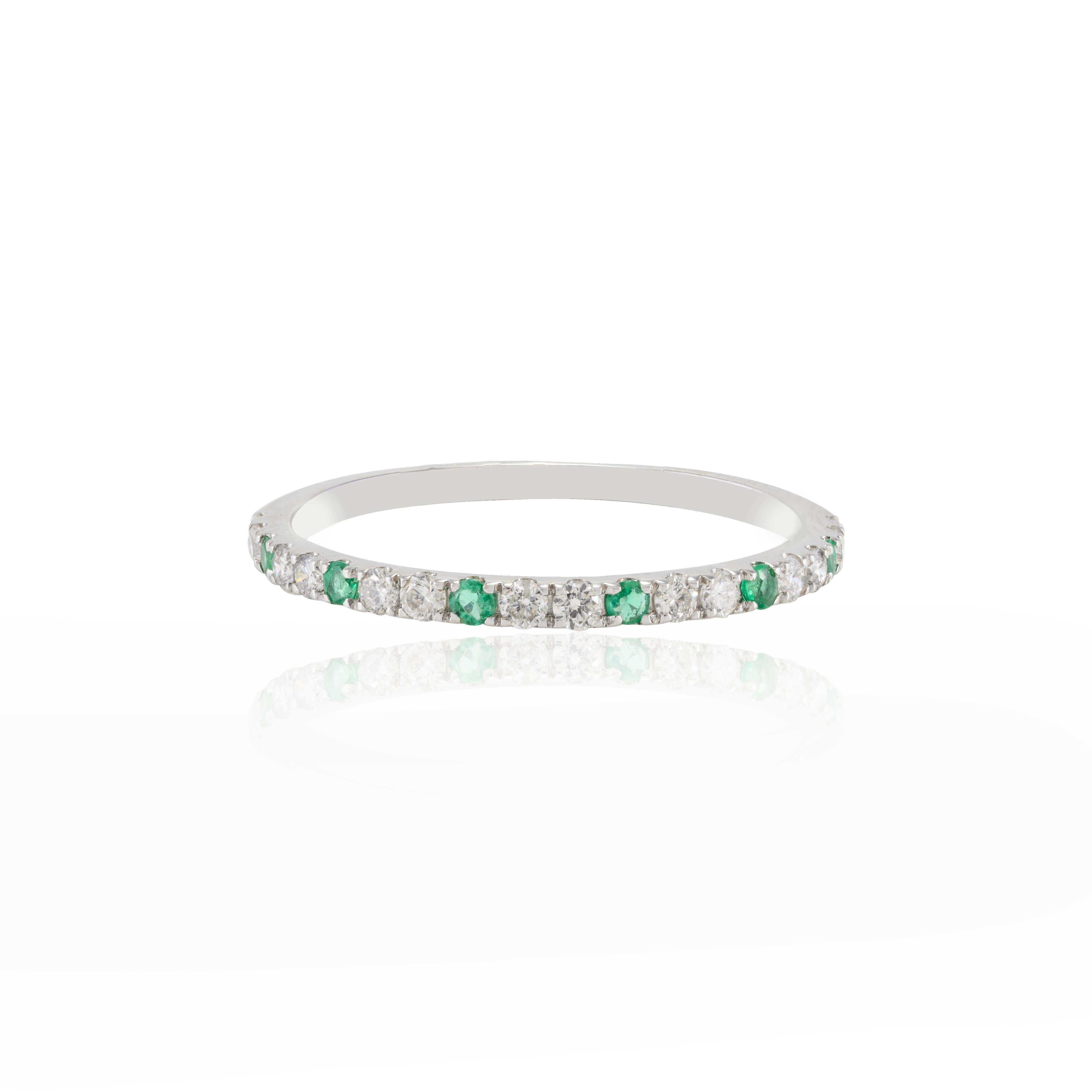For Sale:  Dainty Diamond and Emerald Half Eternity Stacking Band Ring 18k Solid White Gold 5