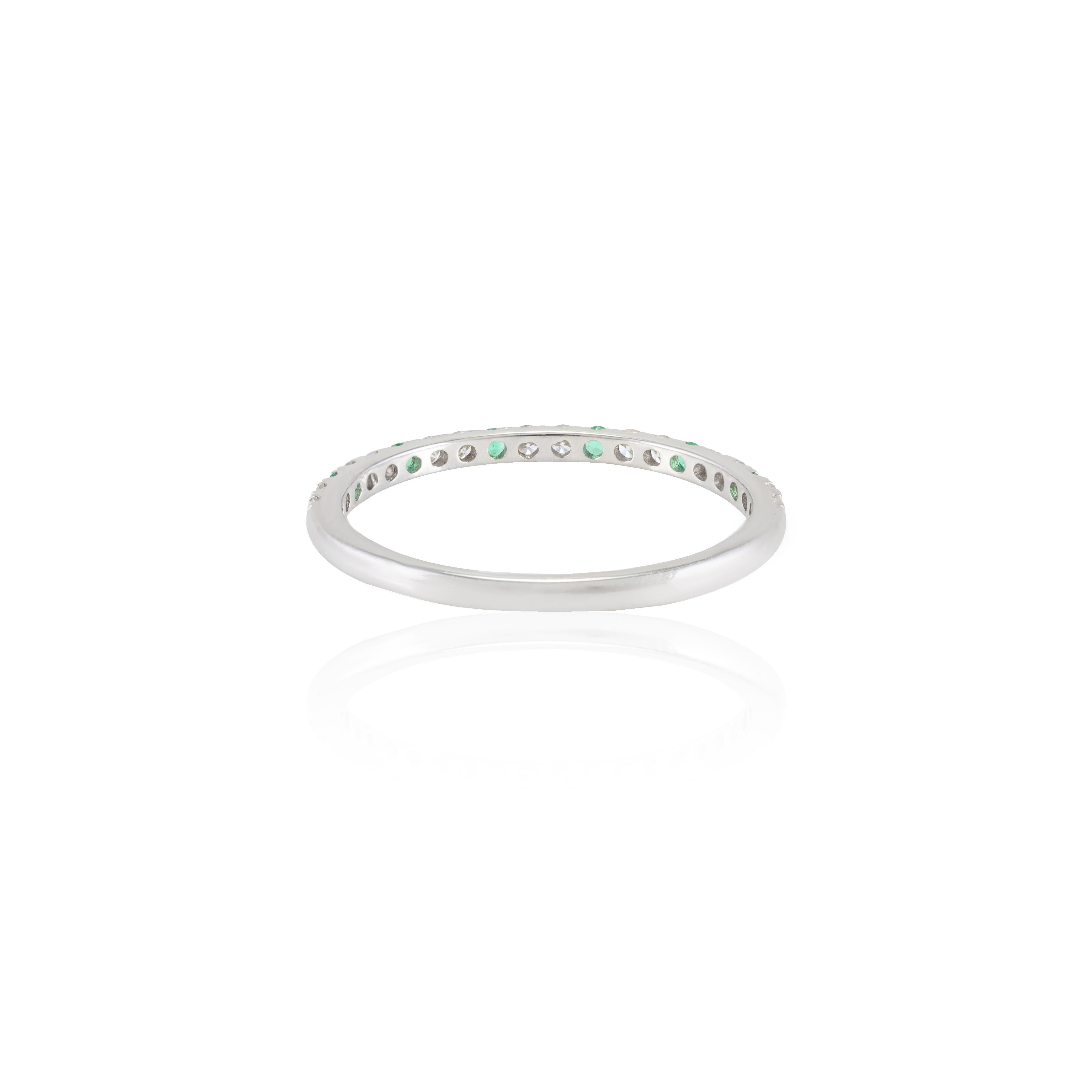 For Sale:  Dainty Diamond and Emerald Half Eternity Stacking Band Ring 18k Solid White Gold 7