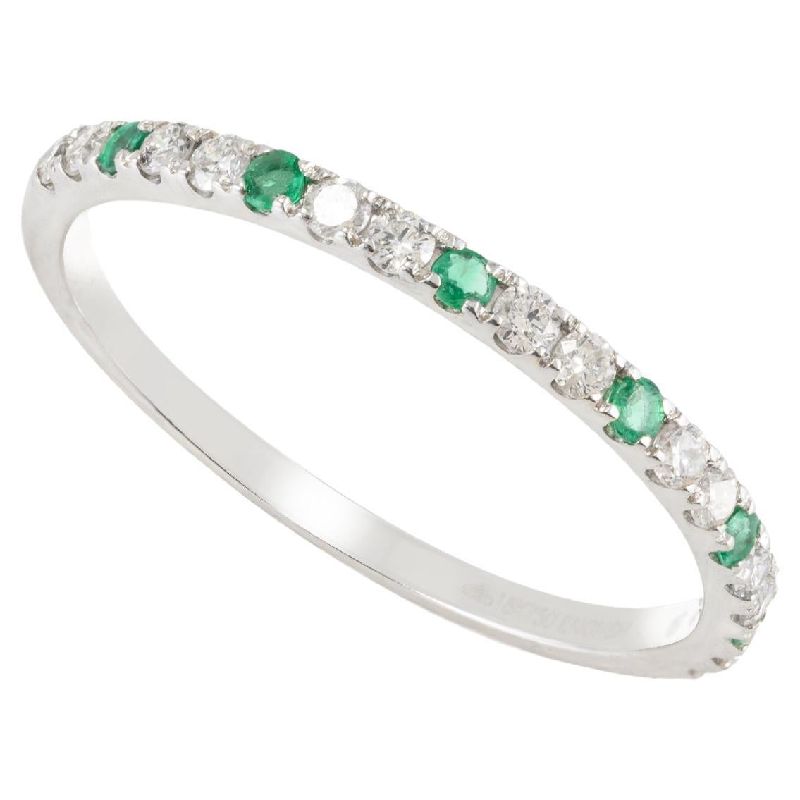 For Sale:  Dainty Diamond and Emerald Half Eternity Stacking Band Ring 18k Solid White Gold