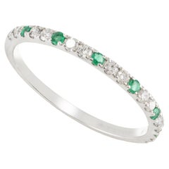 Vintage Dainty Diamond and Emerald Half Eternity Stacking Band Ring 18k Solid White Gold