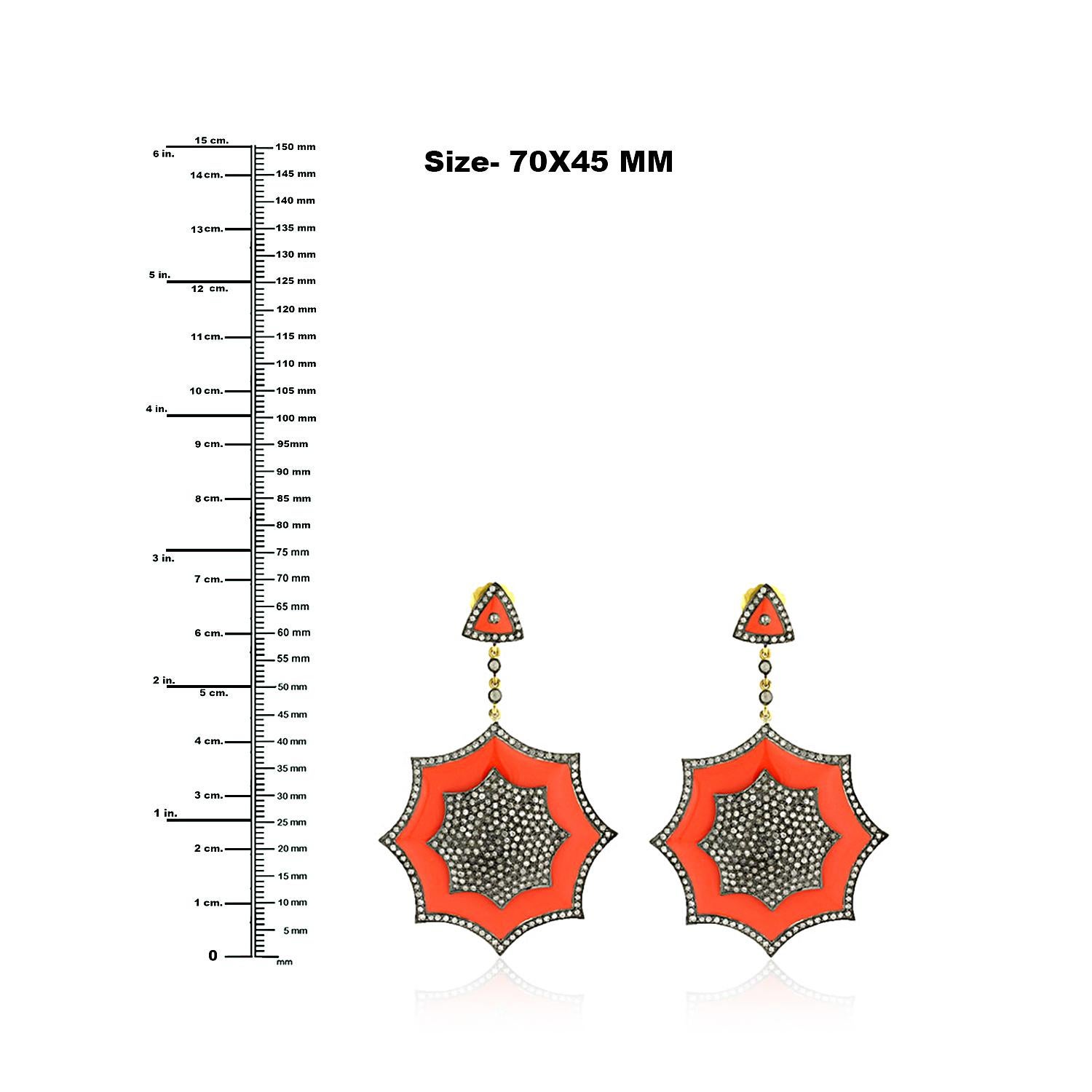 Mixed Cut Pave Diamond Enamel Dangle Earrings In 18k Gold & Silver For Sale