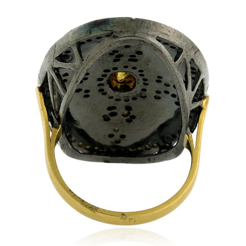 Artisan Pave Diamond Enamel Ring Made In 18k Gold & Silver For Sale