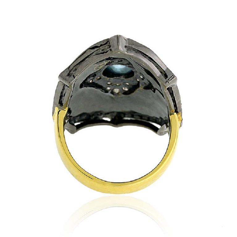 Art Nouveau Pave Diamond Enamel Ring Made In 18k Gold & Silver For Sale