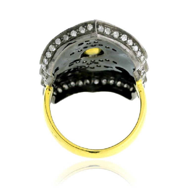 Contemporary Pave Diamond Enamel Ring Made In 18k Yellow Gold & Silver For Sale