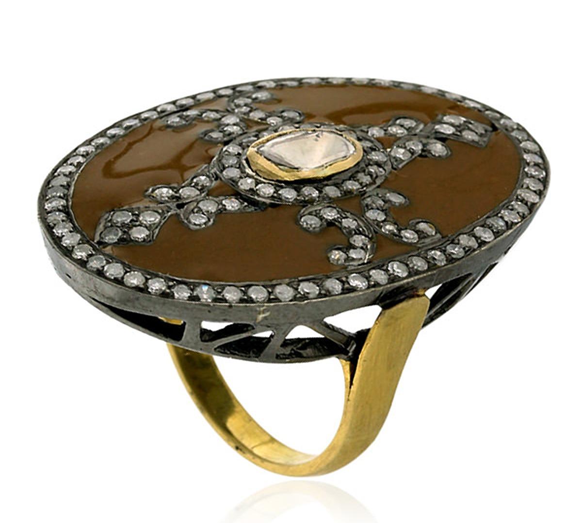 Mixed Cut Pave Diamond Enamel Ring Made In 18k Gold & Silver For Sale