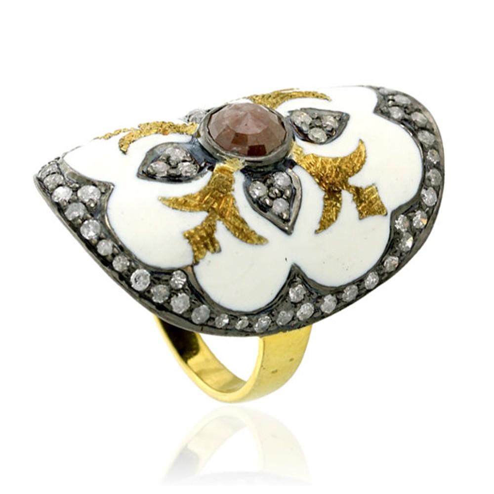Pave Diamond Enamel Ring Made In 18k Yellow Gold & Silver In New Condition For Sale In New York, NY