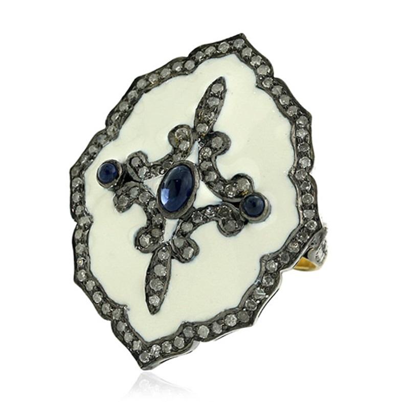 Artisan Pave Diamond Enamel Ring With Blue Sapphire Made In 18k Gold & Silver For Sale