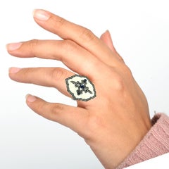 Pave Diamond Enamel Ring With Blue Sapphire Made In 18k Gold & Silver