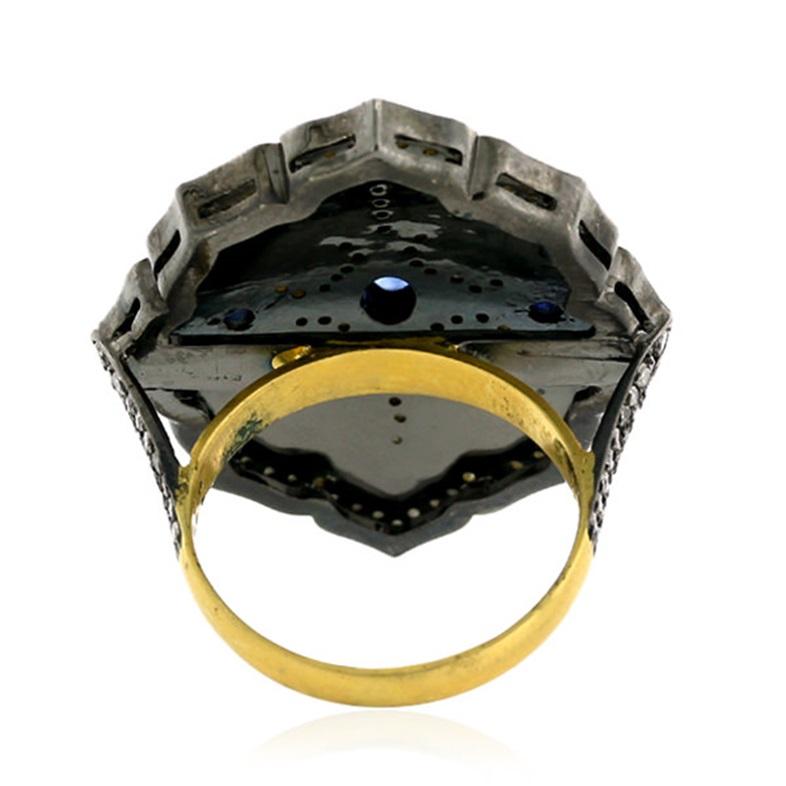 Artisan Pave Diamond Enamel Ring With Blue Sapphire Made In 18k Gold & Silver For Sale