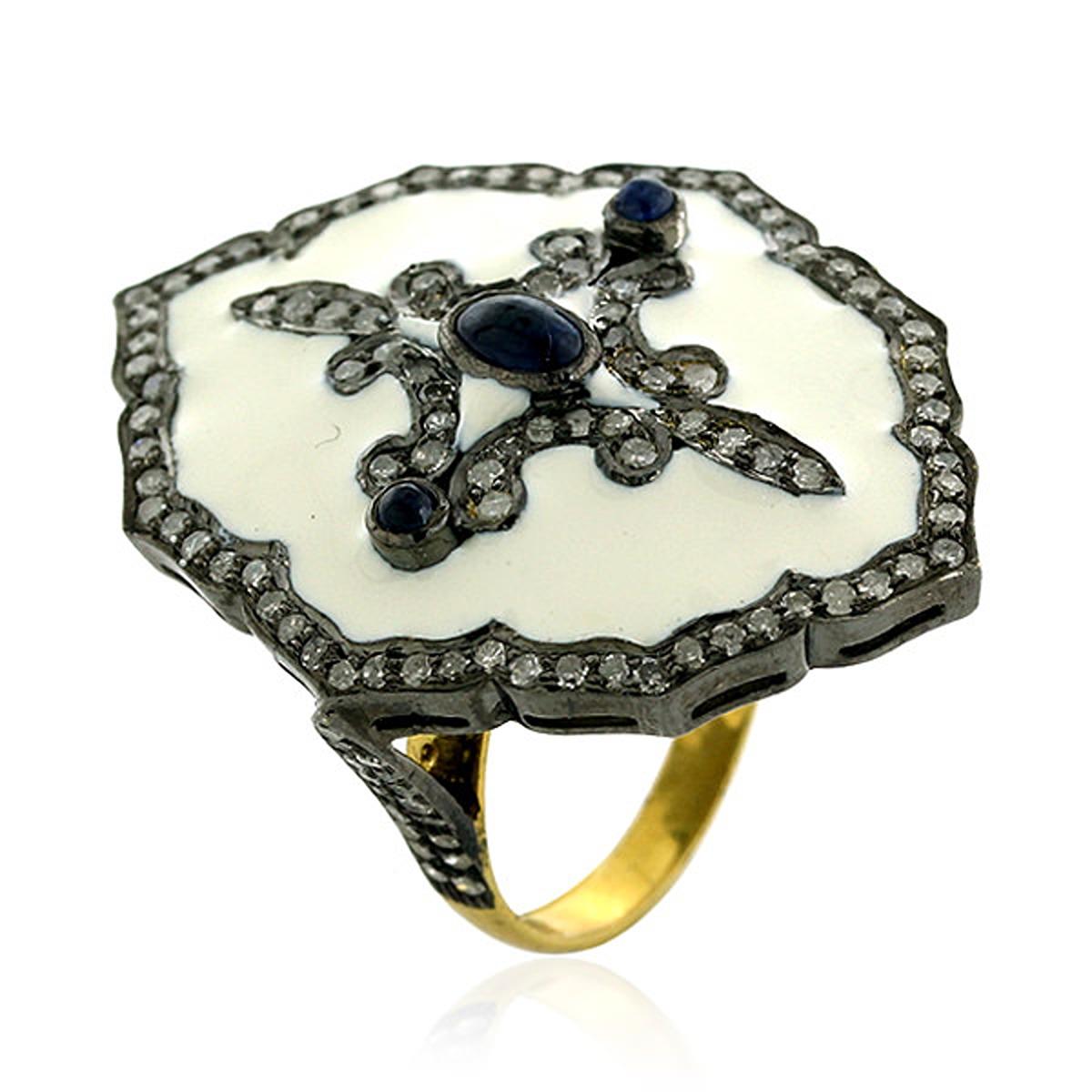 Mixed Cut Pave Diamond Enamel Ring With Blue Sapphire Made In 18k Gold & Silver For Sale