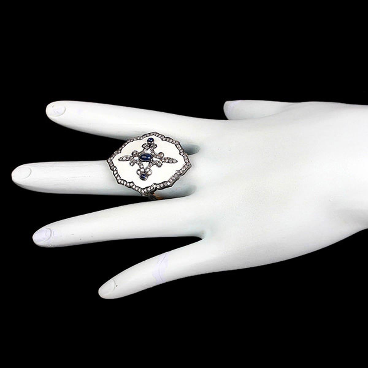 Women's Pave Diamond Enamel Ring With Blue Sapphire Made In 18k Gold & Silver For Sale