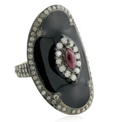 Pave Diamond Black Enamel Ring With Ruby Made In 18k Yellow Gold & Silver