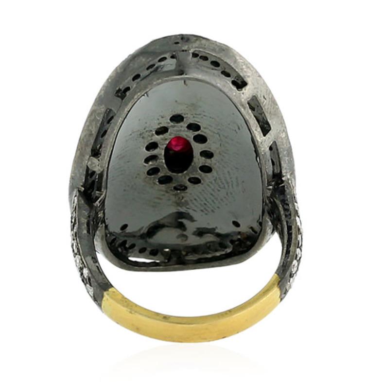 Art Deco Pave Diamond Black Enamel Ring With Ruby Made In 18k Yellow Gold & Silver For Sale
