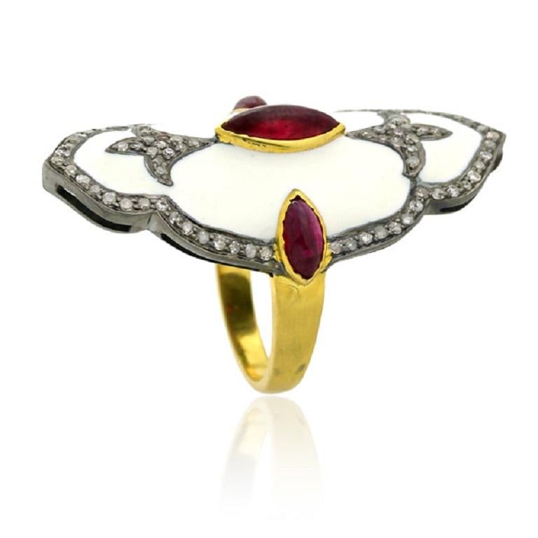 Art Nouveau Pave Diamond Enamel Ring With Ruby Made In 18k Gold & Silver For Sale