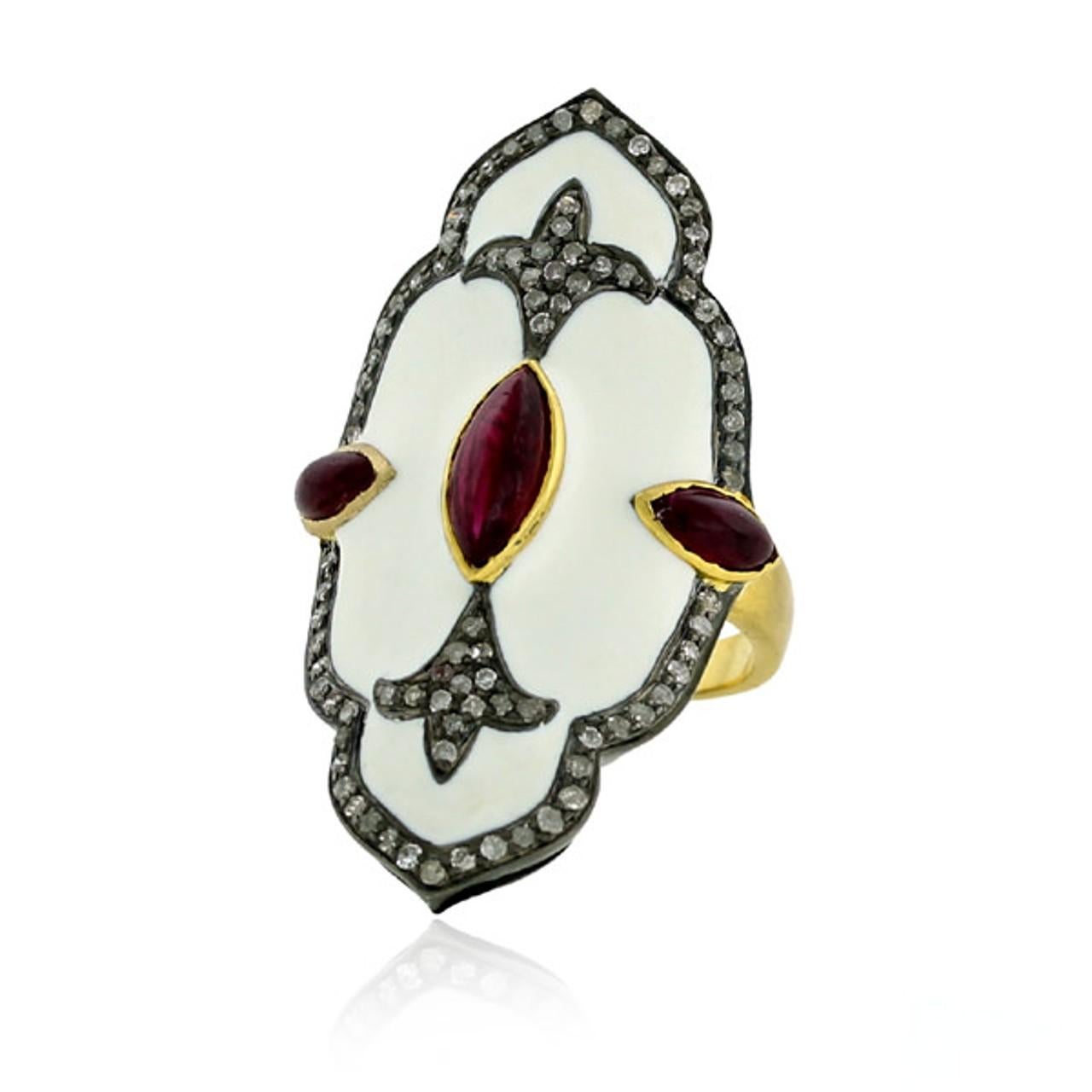 Mixed Cut Pave Diamond Enamel Ring With Ruby Made In 18k Gold & Silver For Sale
