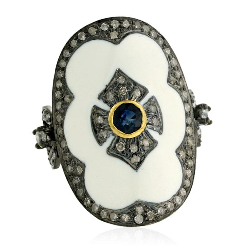 Art Nouveau Pave Diamond Enamel Ring With Sapphire Made In 18k Gold & Silver For Sale
