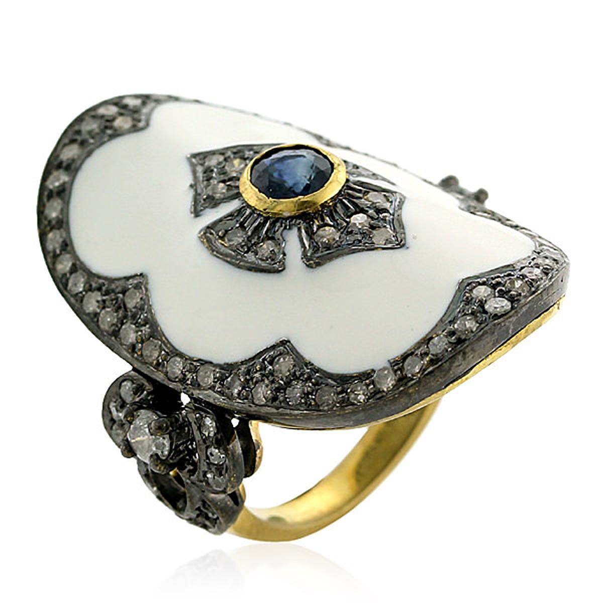 Pave Diamond Enamel Ring With Sapphire Made In 18k Gold & Silver In New Condition For Sale In New York, NY