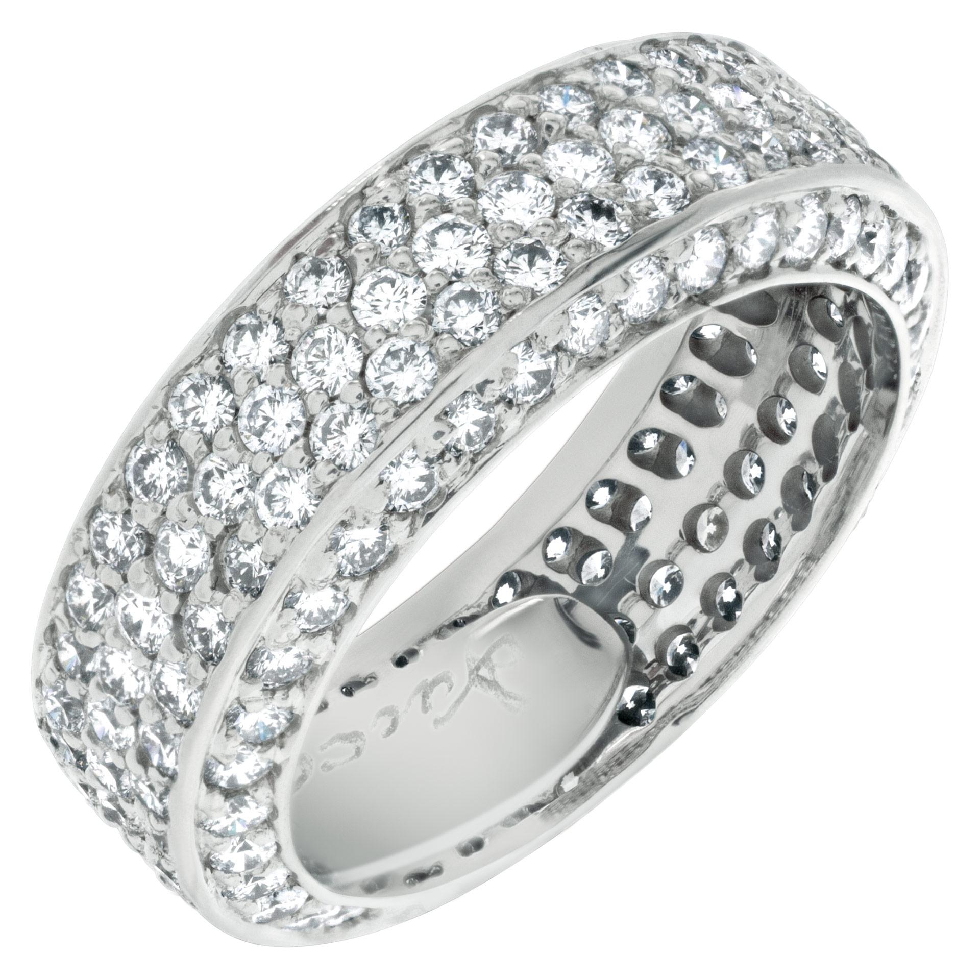 Dazzling pave diamond eternity band with over 1.5 carat full cut round brilliant G-H color, VS clarity diamonds set in 18k white gold. Size: 6. Width: 6mm
