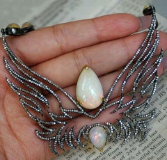 Pave Diamond Ethiopian Opal Angel Wing Pendant Necklace in 925 Silver 14k Gold