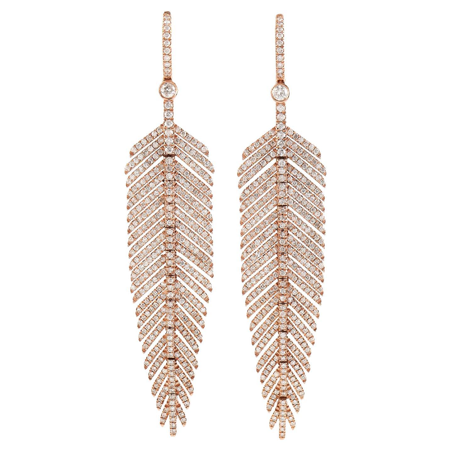 Pave Diamond Feather Dangle Earrings Made In 18k Rose Gold